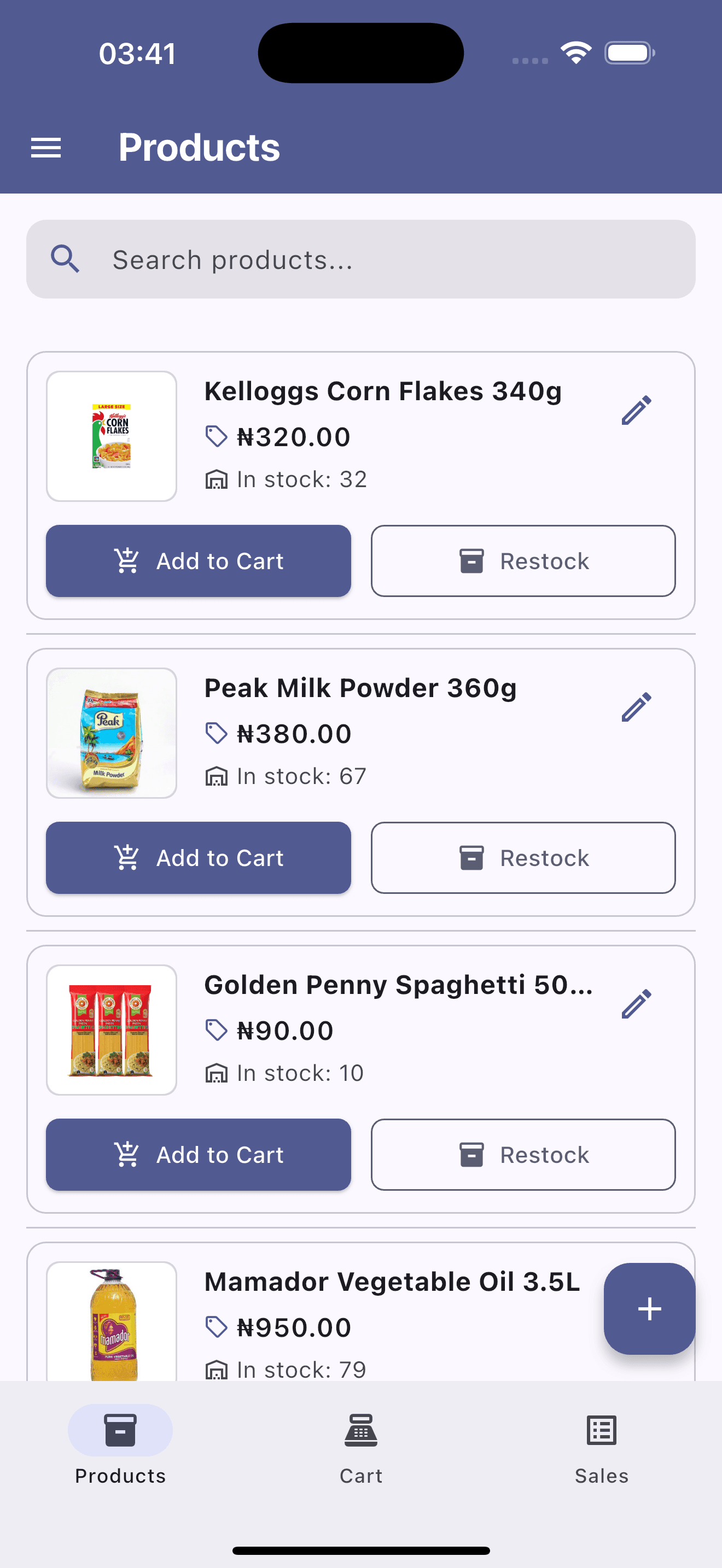 AMAL POS product catalog view showing grocery items, prices, stock levels, and cart actions
