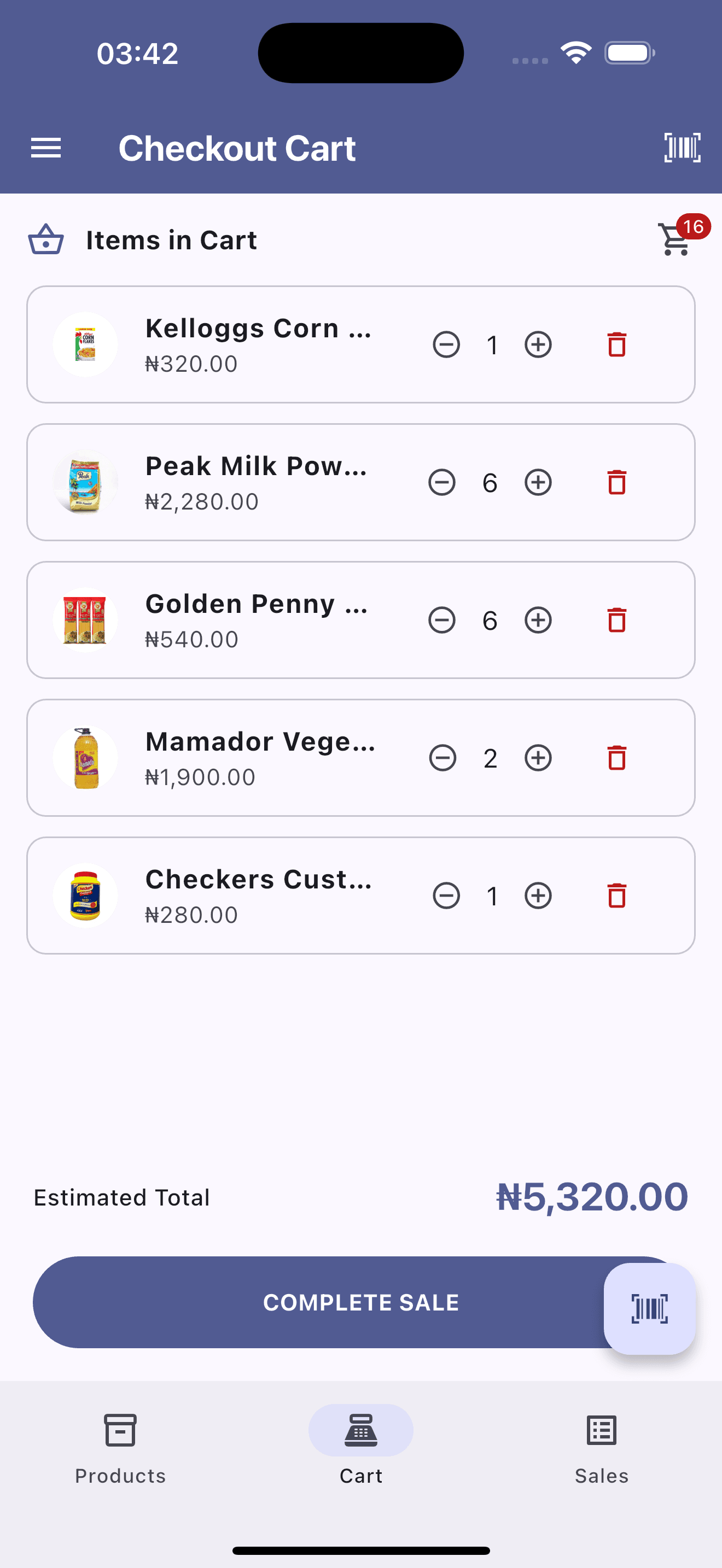 AMAL POS checkout cart screen listing active items, quantities, and running order total