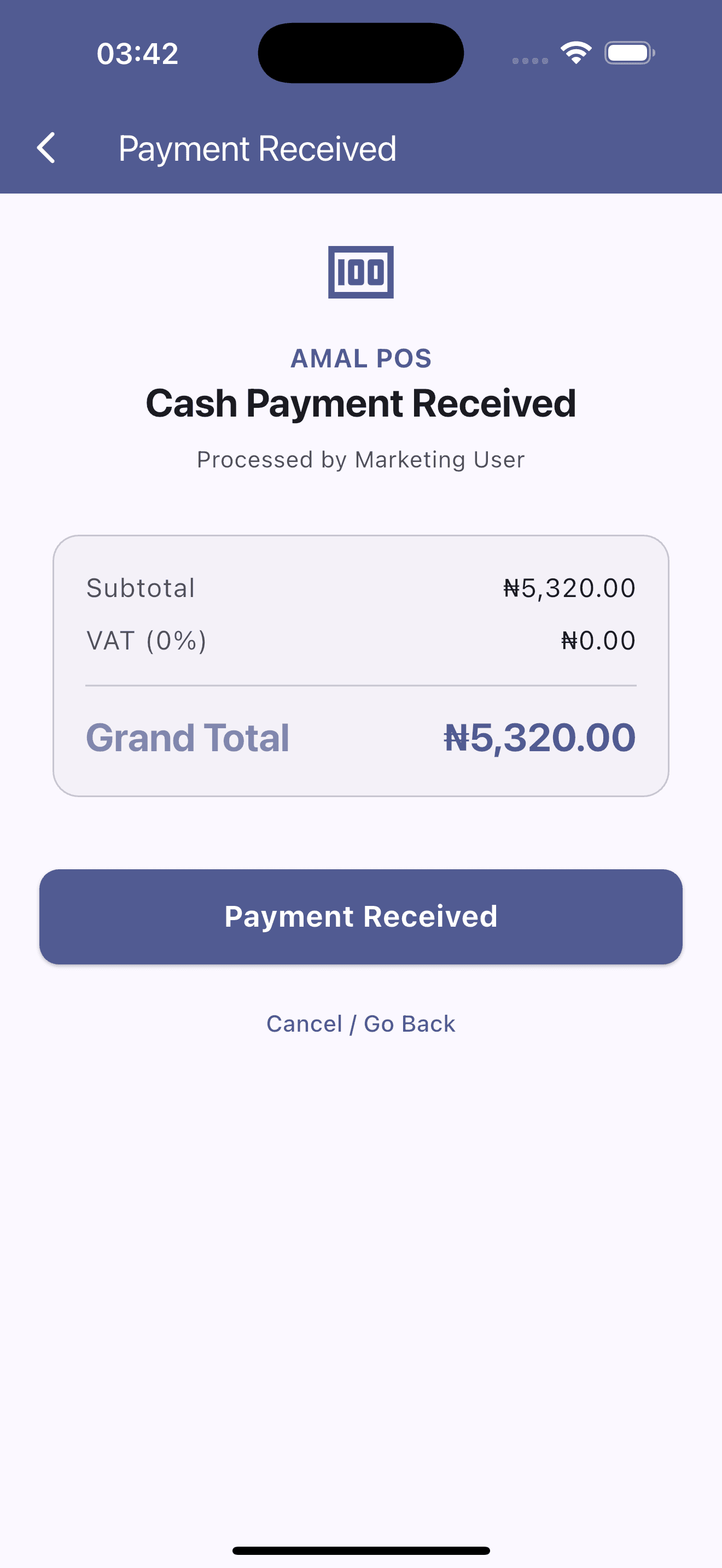 AMAL POS cash payment confirmation screen with subtotal and grand total breakdown