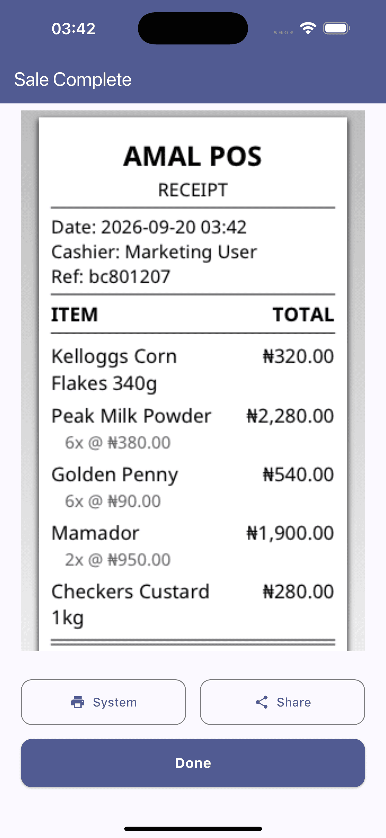 AMAL POS customer transaction receipt with itemization, cashier ID, and print/share actions