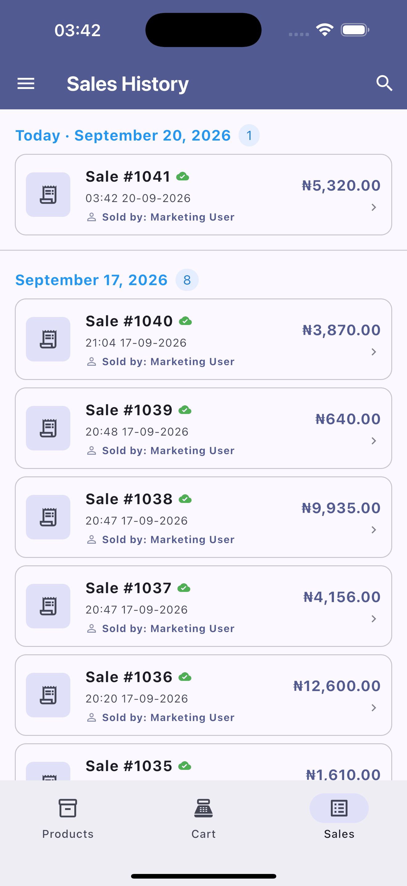 AMAL POS sales history screen displaying chronological transaction records and sync statuses