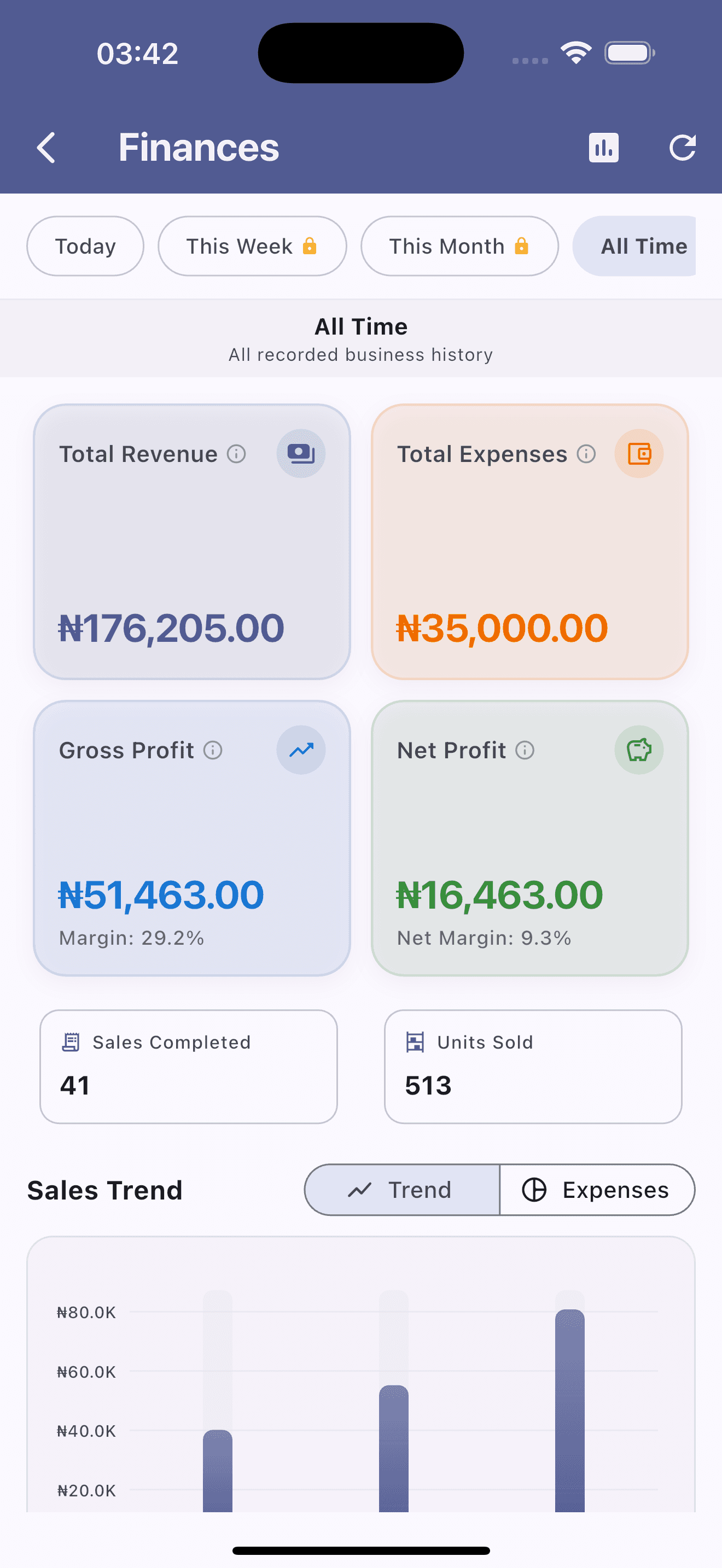 AMAL POS financial dashboard overview with total revenue, profit margins, and sales volume