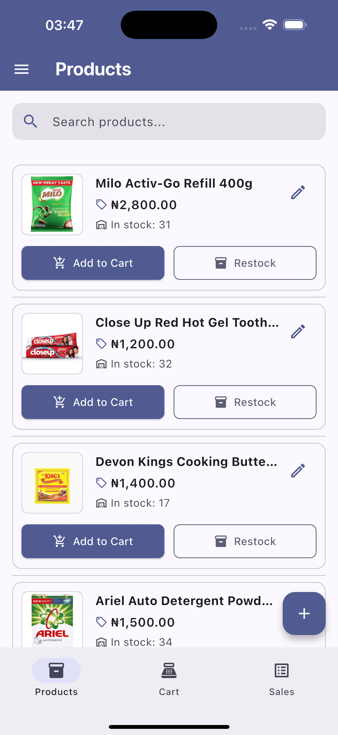 AMAL POS catalog view showing retail products, in-stock amounts, and restock options