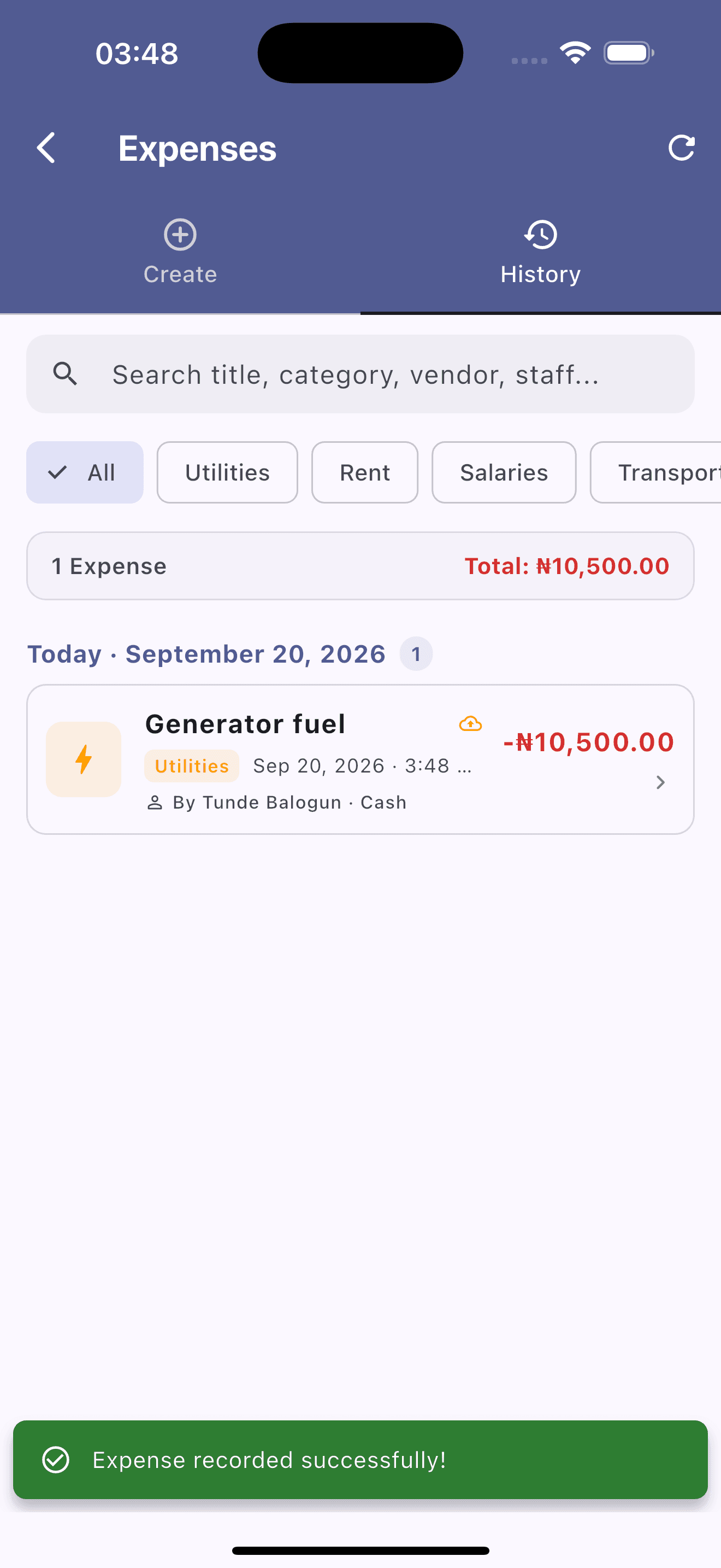 AMAL POS expense recording screen showing recent categorized payouts and success badge